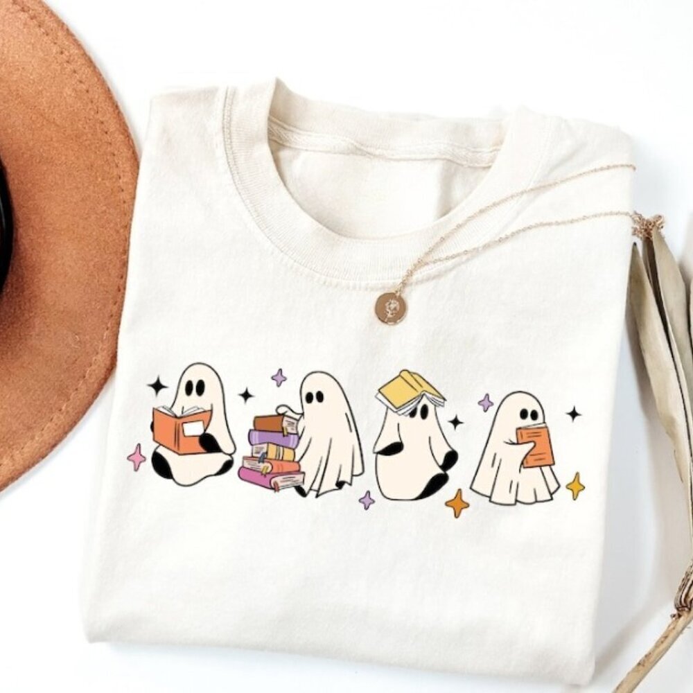 Ghosts Reading Books Shirt Books Lover Ghost Gift Cute Little Ghost Shirt